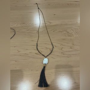 Boho beaded necklace with white pendant + gray tassel
